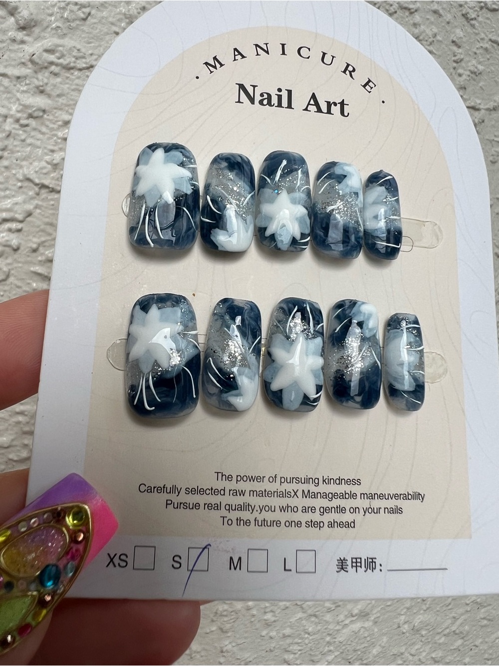 Press on Nails Handpainted Floral Blue White  Size Small Set of 10